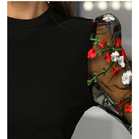 *2 left* Black Floral Mesh Sleeve Knit Top - Picture 5 of 8